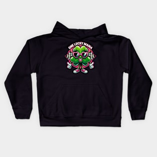 On Lucky Mama Funny Cute Shamrock Cool Sunglasses Racing Checkered Flag St Patrick's Day Irish St Paddy's Day Kids Hoodie